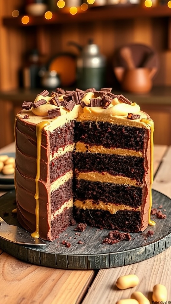 A decadent chocolate peanut butter layer cake with frosting and garnishes on a rustic table.